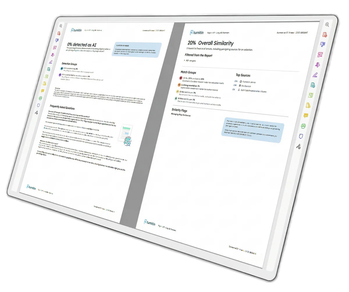 Turnitin software interface showing a sample originality report for accurate Turnitin AI detection and a secure Turnitin check.
